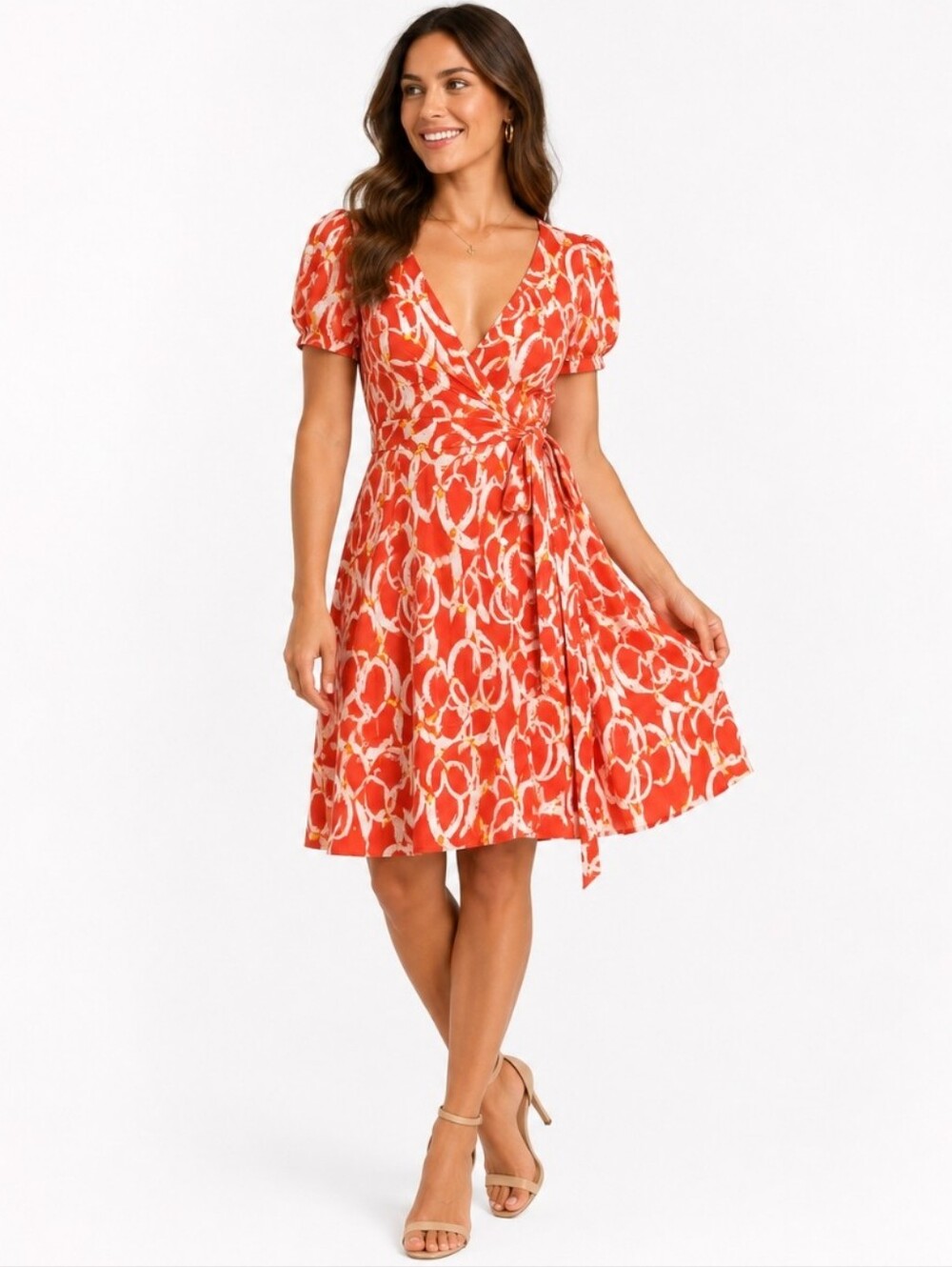 Diane Von Furstenberg DVF Orange Ivory Abstract Print Wrap Dress Puff Sleeve